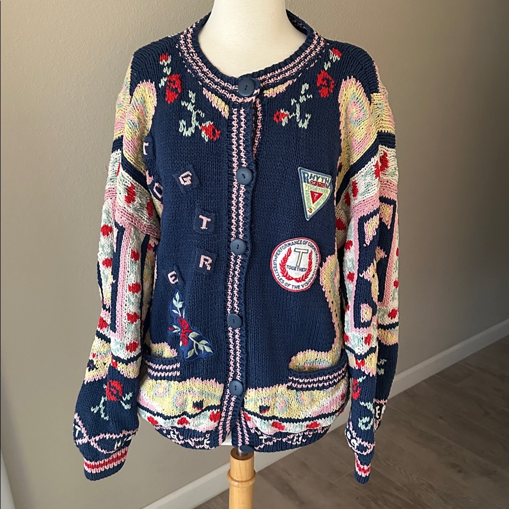 90s Together! Sweater Blue Yellow Knit Embroidered Button Up Cardigan - Picture 3 of 14